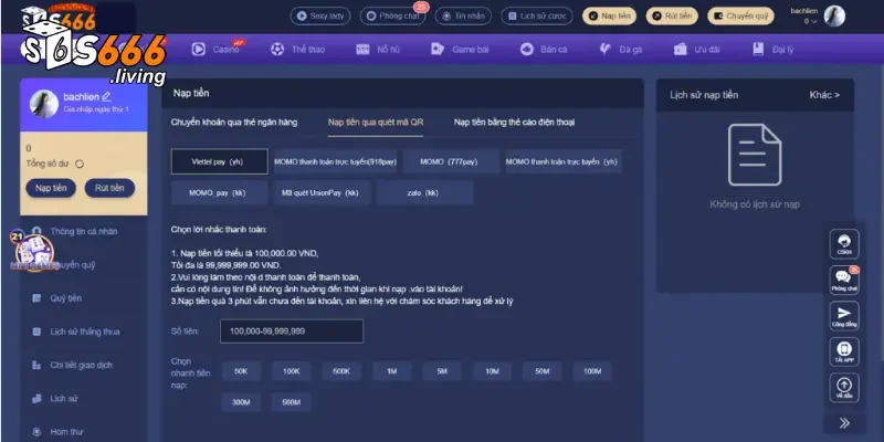 Hướng dẫn quy trình nạp tiền S666 qua nhiều hình thức